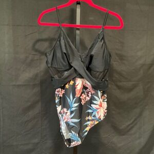 Cupshe One Piece Swimsuit XL Black Tropical Floral Wrap Mesh V-Neck NWT